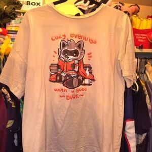 SHEIN Beige Graphic T-Shirt Racoon Book Reading Cute Anime